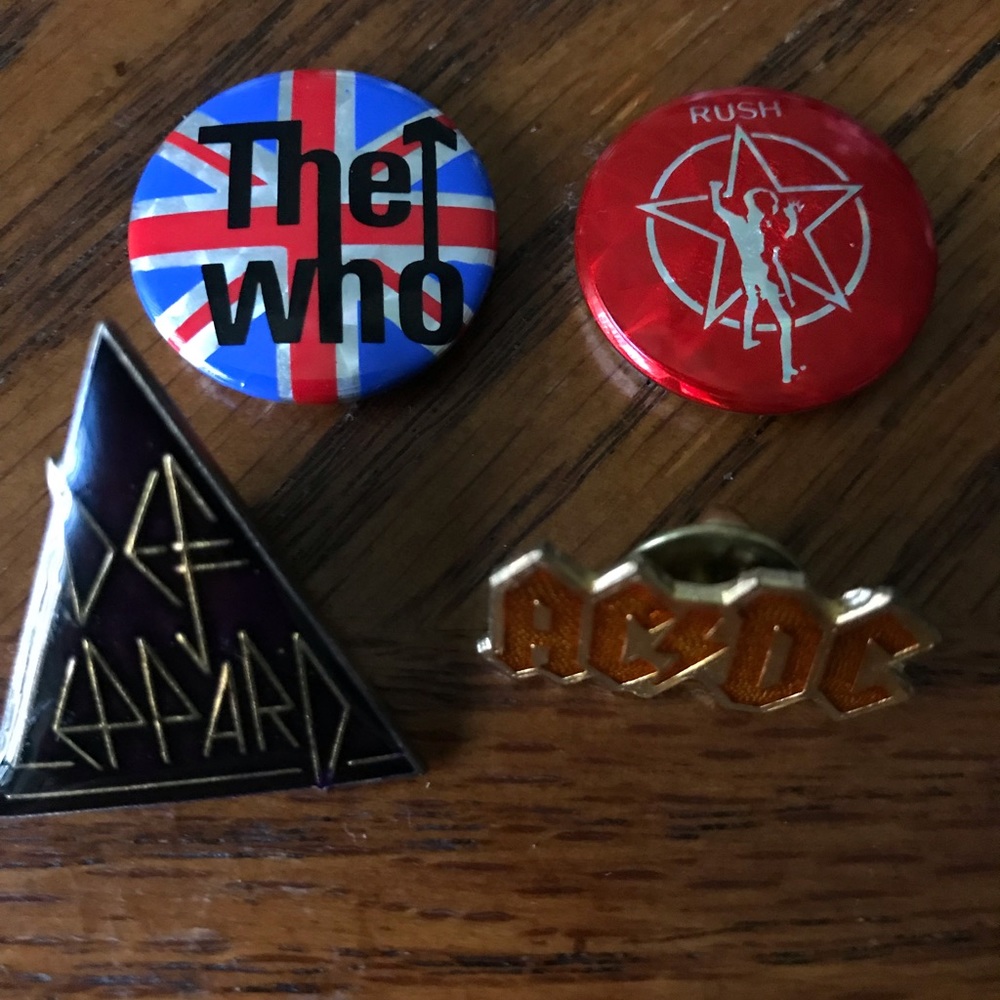 The Who, AC DC, Def Leppard & Rush pins.